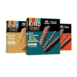 KIND Thins, Variety Pack, Dark Chocolate Nuts & Sea Salt, Caramel Almond & Sea Salt, Peanut Butter Dark Chocolate, Healthy Snacks, Gluten Free, Low Calorie Snacks, Low Sugar, 30 Count