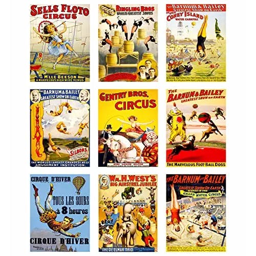 Vintage Circus Wall Art Poster Prints -Unique Room Decor Gift for Boys Men Teens Women - Retro Circus Theme Wall Decoration for Home Office Living Dining Room - (Set of 9) Unframed 8 x 10 Picture