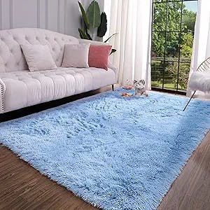 Keeko Cobalt Blue Fluffy Area Rug, 4x5.3ft Cute Shag Carpet for Bedroom, High Pile Shaggy Carpets for Living Room, Indoor Fuzzy Rugs for Girls Kids Room Home